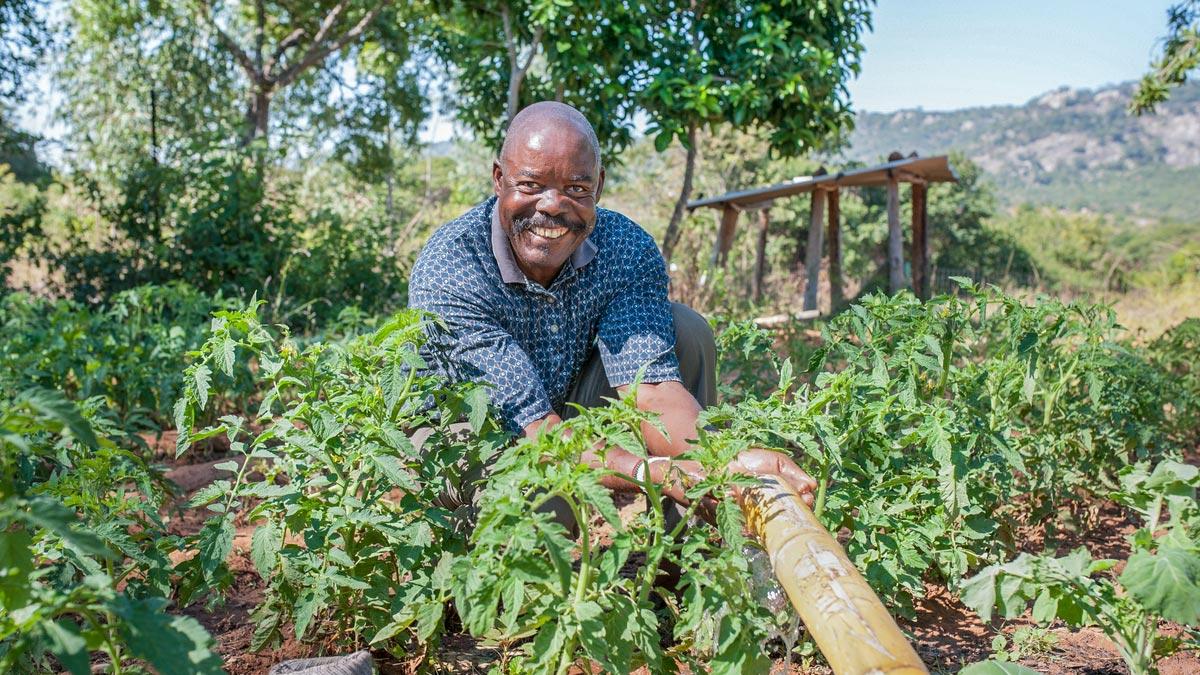 A farmer sits in his field with climate-resilient irrigation technology